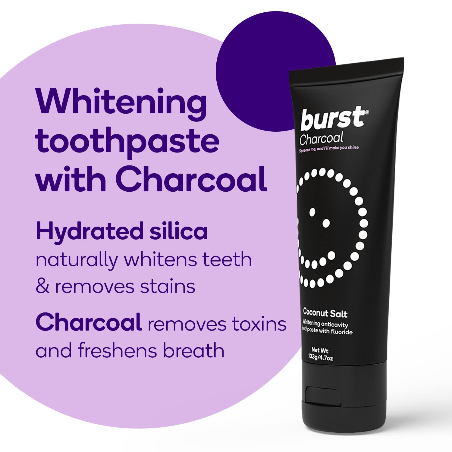 BURST Charcoal Whitening Toothpaste tube displayed on a white surface