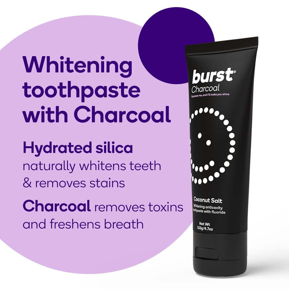 BURST Charcoal Whitening Toothpaste tube displayed on a white surface