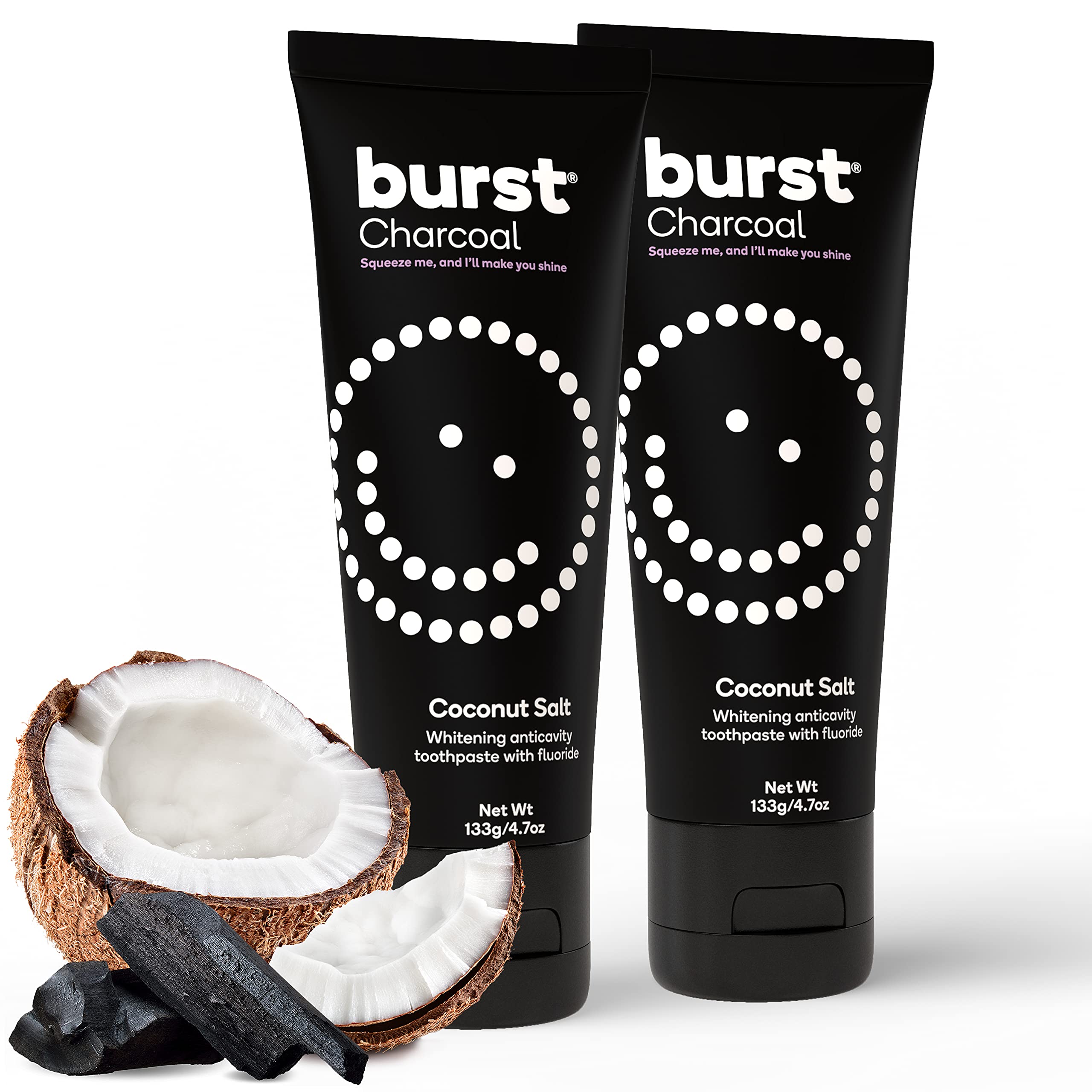Two BURST Charcoal Whitening Toothpaste 4.7oz tubes in a 2-pack box