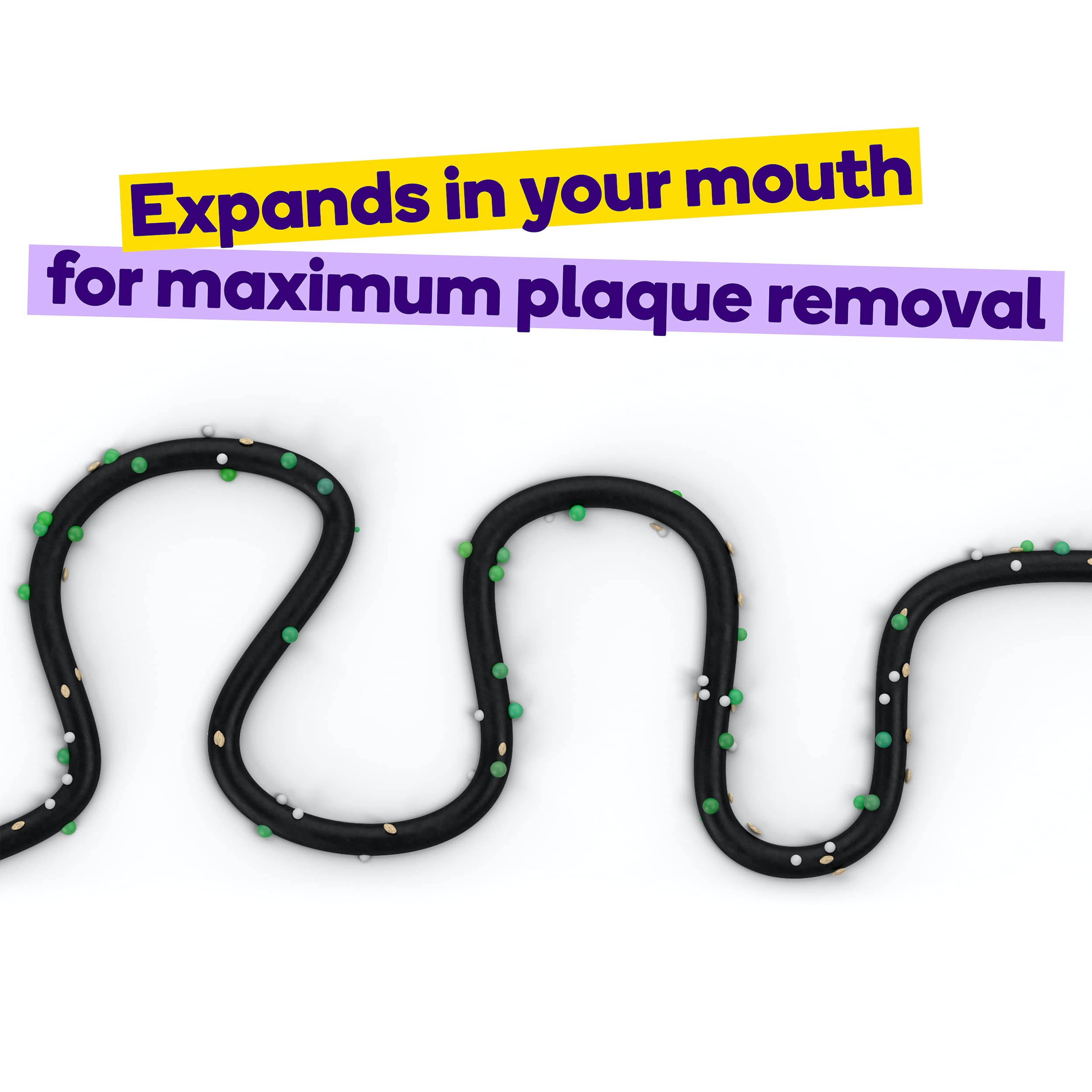 Expanding floss expanding on contact with saliva to remove plaque
