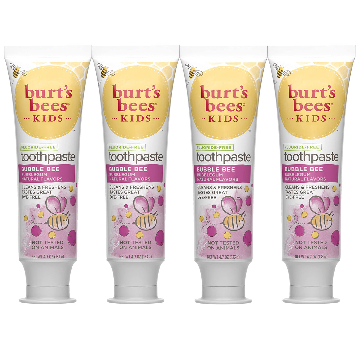 Burt's Bees Kids Toothpaste Bubble Bee four-pack box and tubes