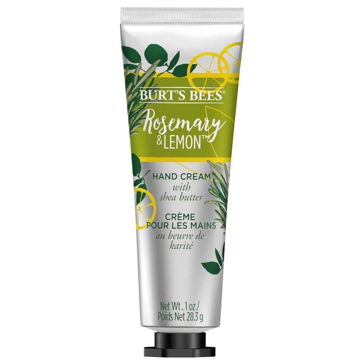 Burts Bees rosemary and lemon hand cream tube, showing moisturizing formula for soft hands