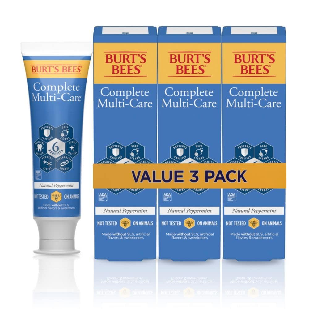 Front view of Burt's Bees Complete Multi-Care toothpaste 4.7 oz pack of 3