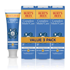 Front view of Burt's Bees Complete Multi-Care toothpaste 4.7 oz pack of 3