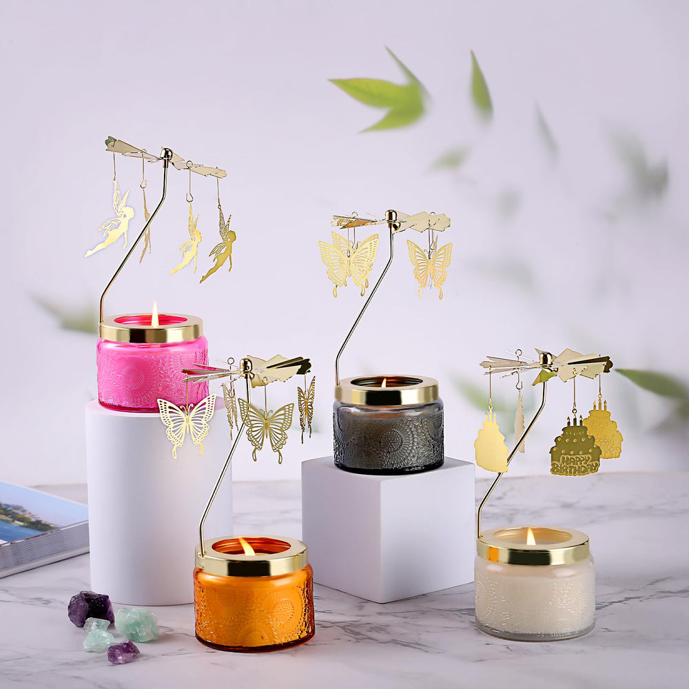 Lifestyle image of the butterfly rotatable candle in a cozy setting