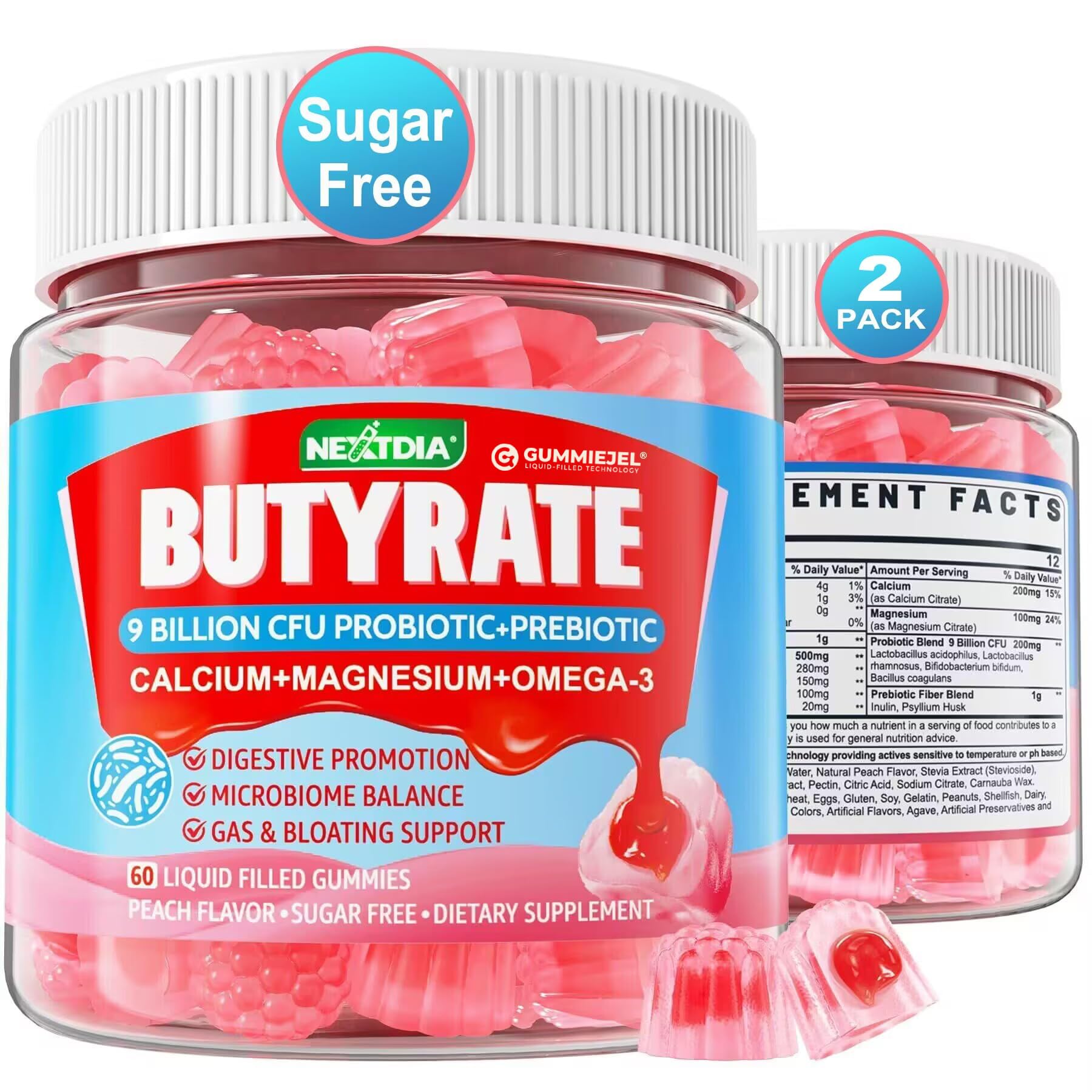 Butyrate gummies with probiotic, prebiotic, postbiotic and peach flavor