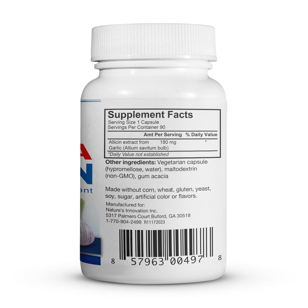 Bottle of BuyNaturally Mega Allicin beside a glass of water for convenient use.