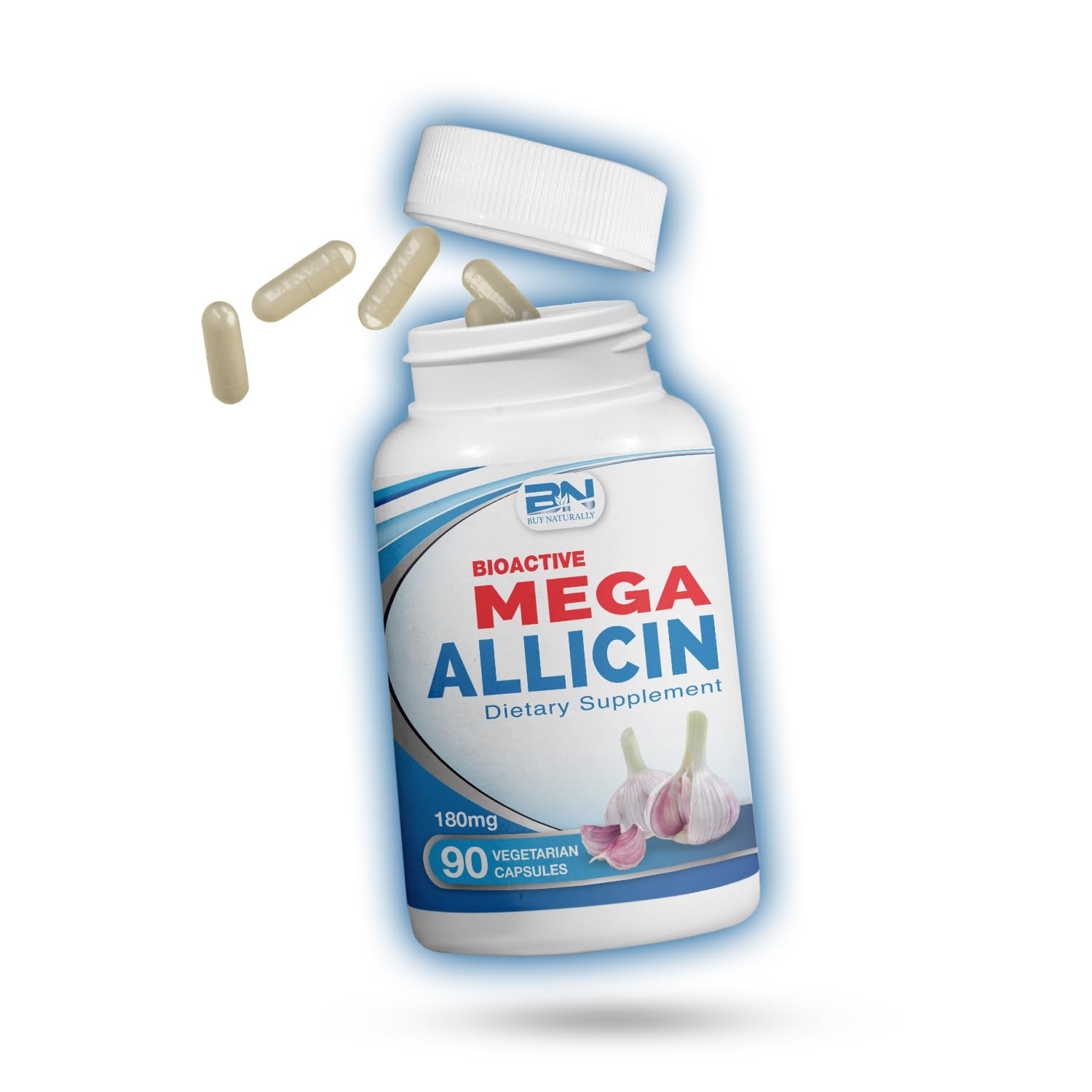 BuyNaturally Mega Allicin bottle front with odor-controlled garlic supplement.