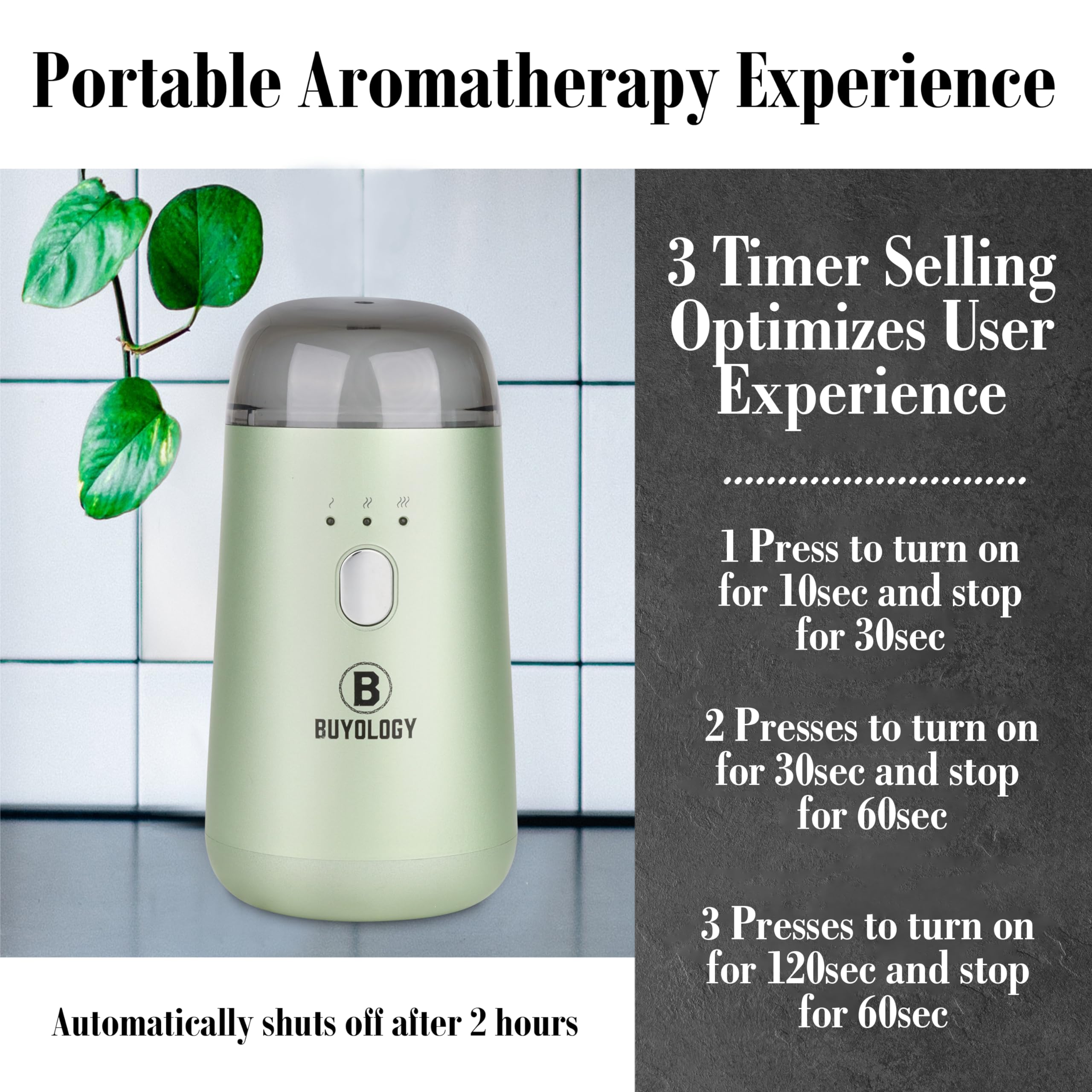 Buyology diffuser cap and nebulizing head highlight waterless pure aroma diffusion.