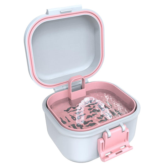 Pink and white BVN leak-proof denture case closed