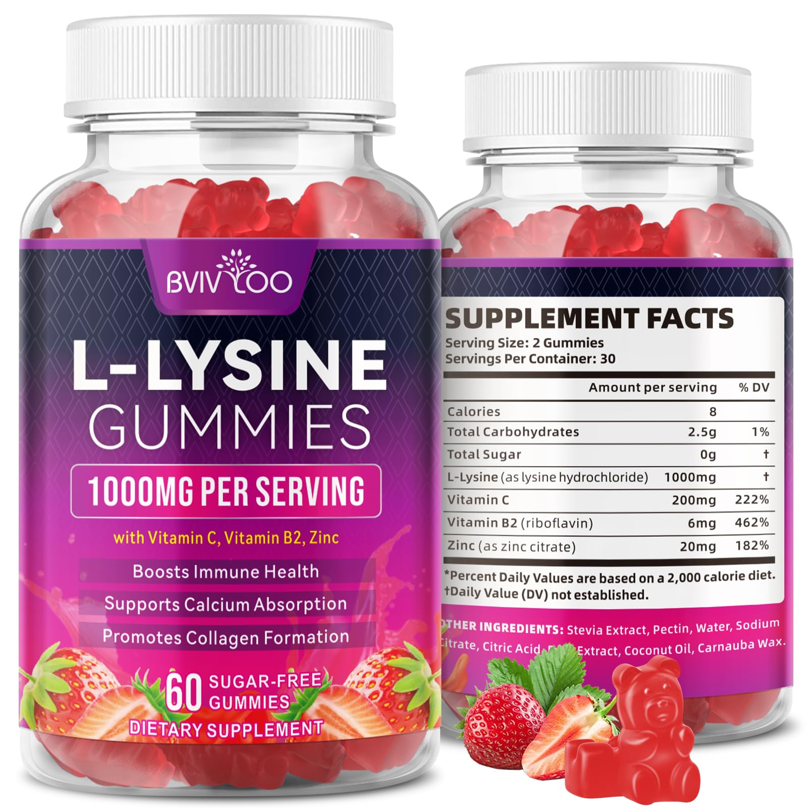 BVIVLOO L-Lysine 1000mg Gummies bottle label emphasizing immune support