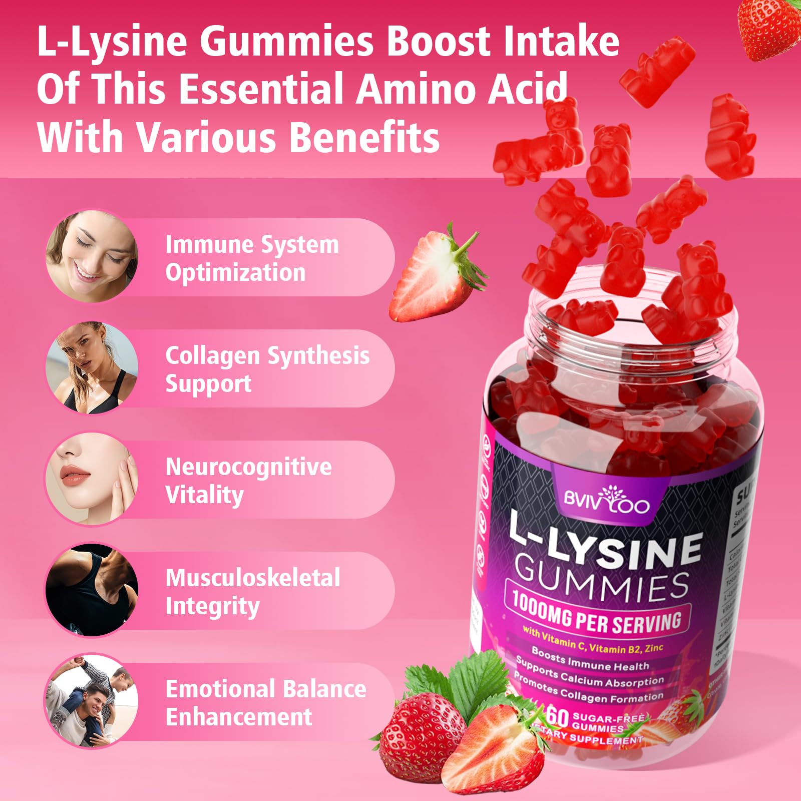 Sugar-free berry-flavored lysine gummy close-up
