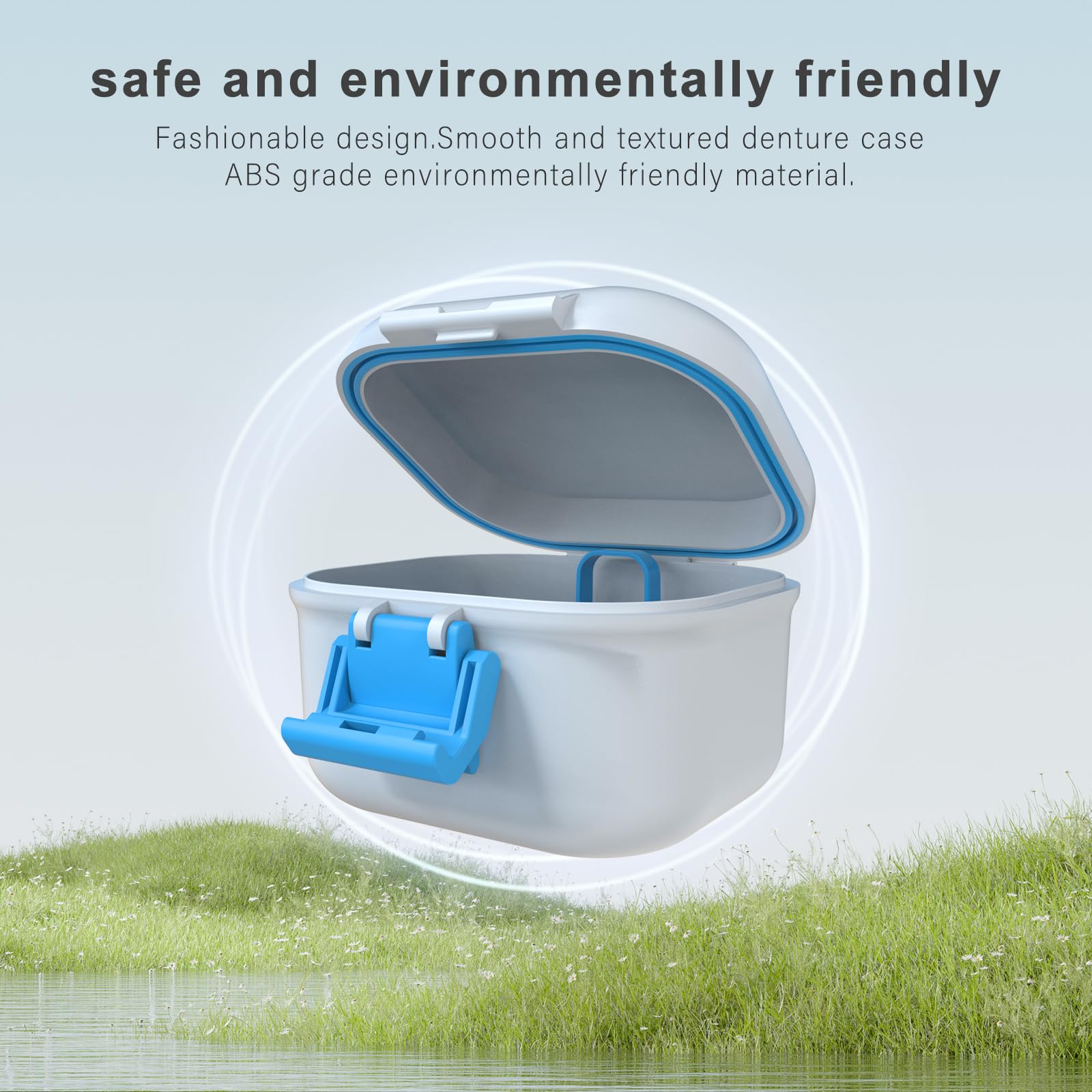 Blue and white BVN denture case with lid closed