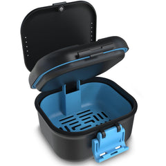 BVN leakproof denture cup in black and blue with magnetic organizer