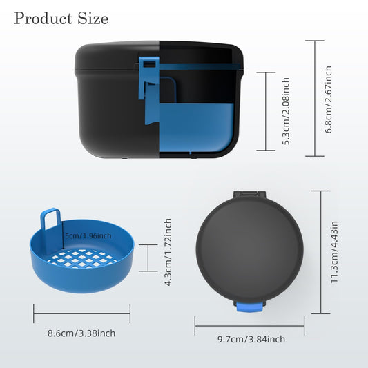 Denture cup lid open showing silicone seal and drainage basket