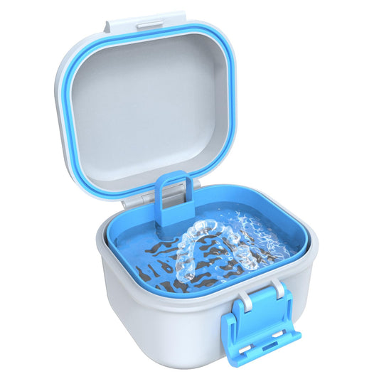 BVN leak-proof denture case in blue and white exterior