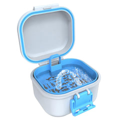 BVN leak-proof denture case in blue and white exterior