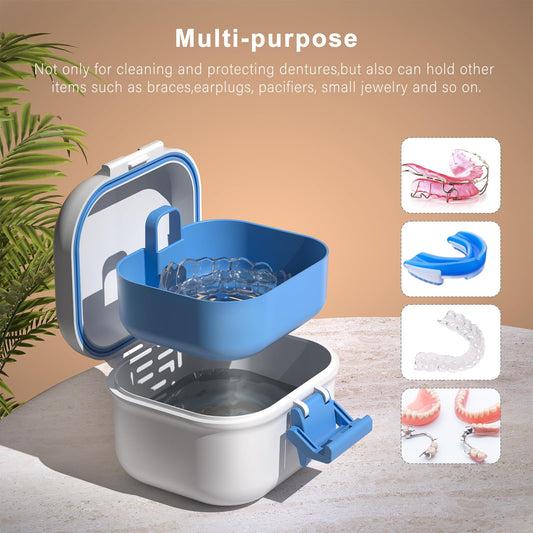 Blue and white denture cup for soaking dentures