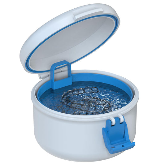 BVN leak-proof denture bath cup for travel in white and blue