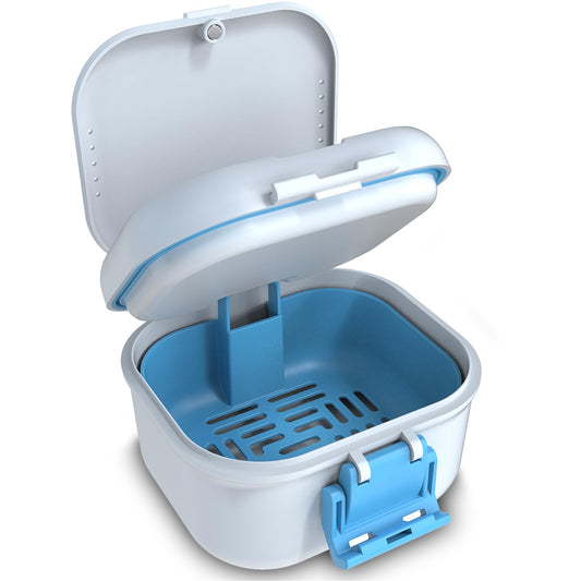 BVN leakproof denture cup white and blue with magnetic organizer (front view)