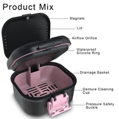 Travel-friendly BVN denture case in black and pink