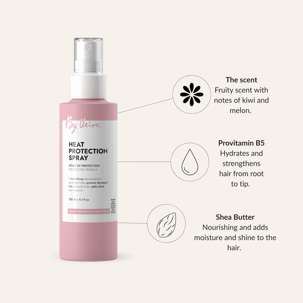 Close-up of the By Veira bottle in use for sleek heat protection.