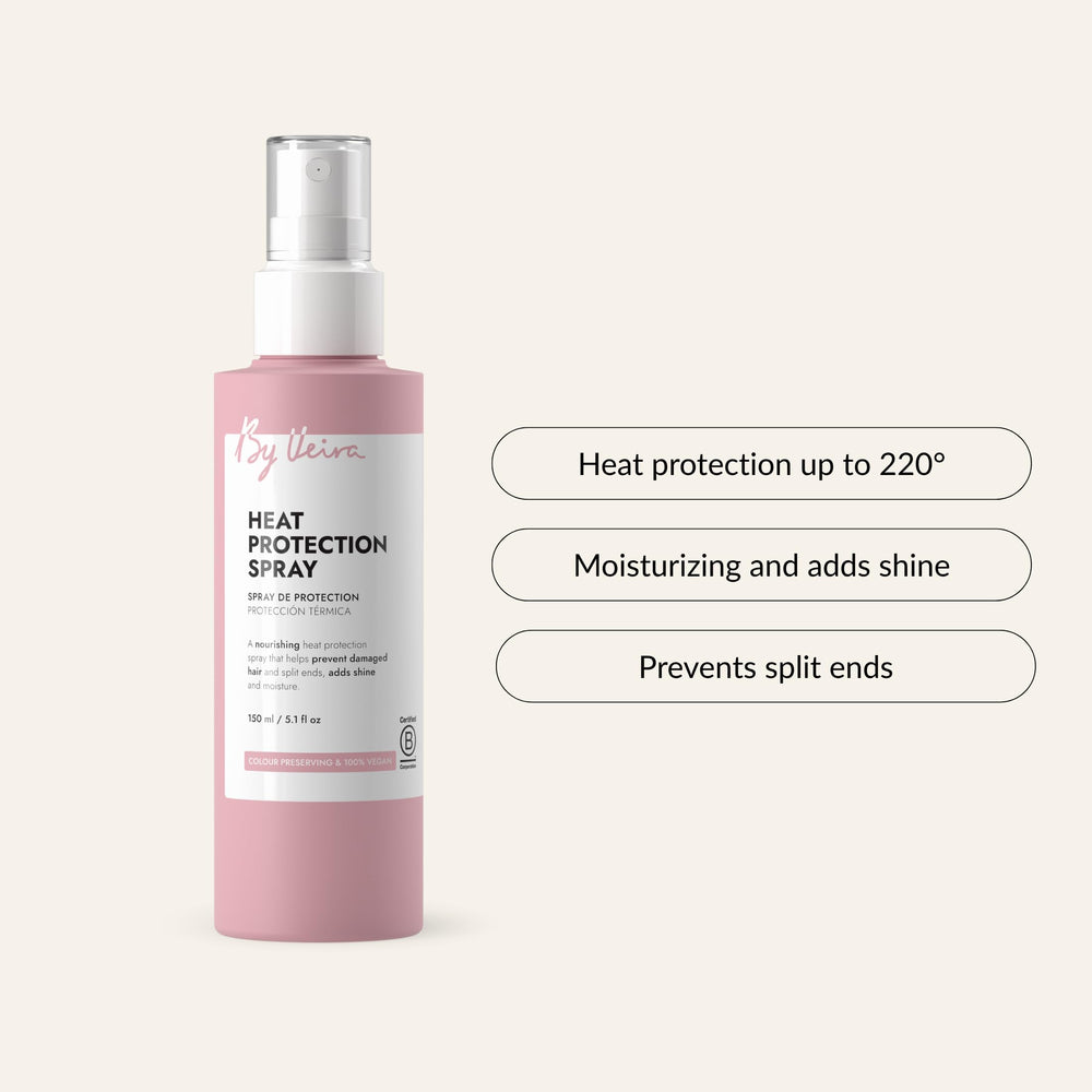 By Veira heat protection spray applied to hair for color preservation benefits.