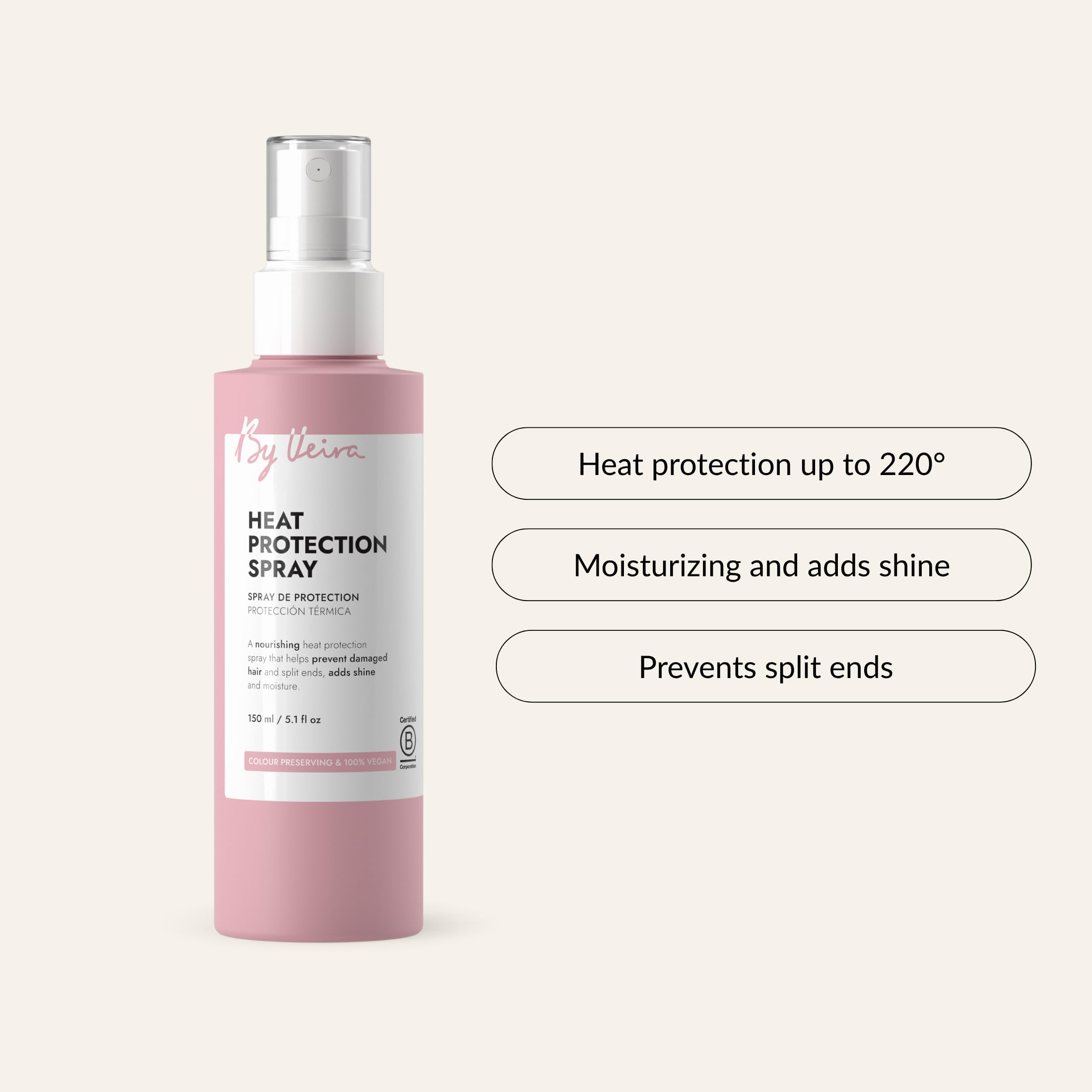 By Veira heat protection spray applied to hair for color preservation benefits.