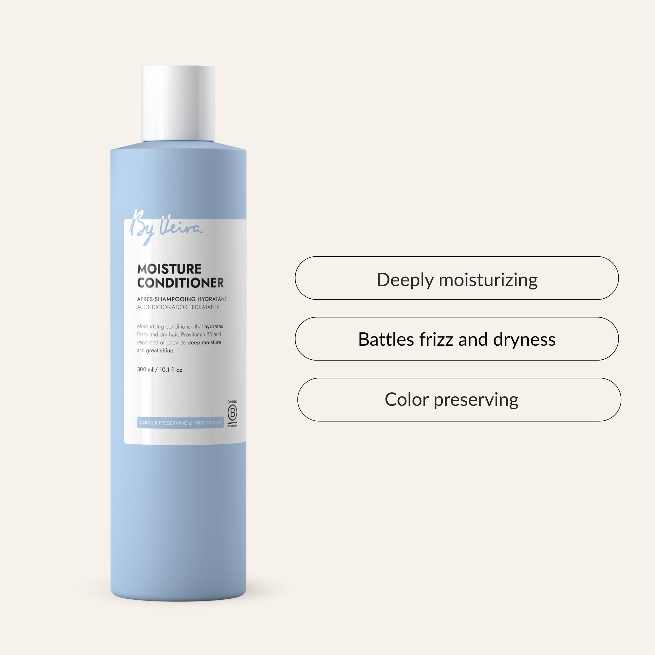By Veira Moisture Conditioner bottle pour demonstrates easy, even application.