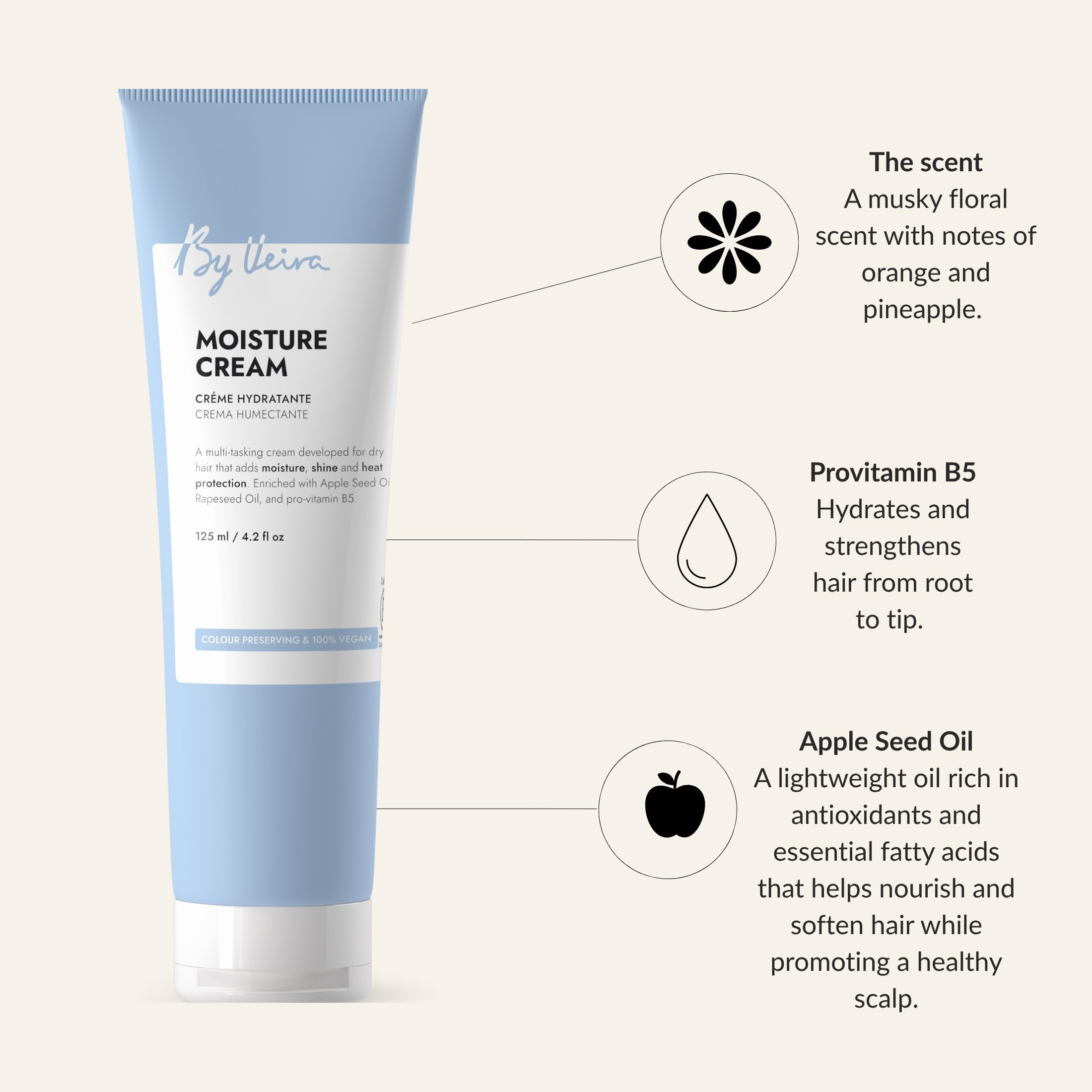 By Veira Moisture Cream ingredients display featuring apple seed oil and rapeseed oil for nourishment