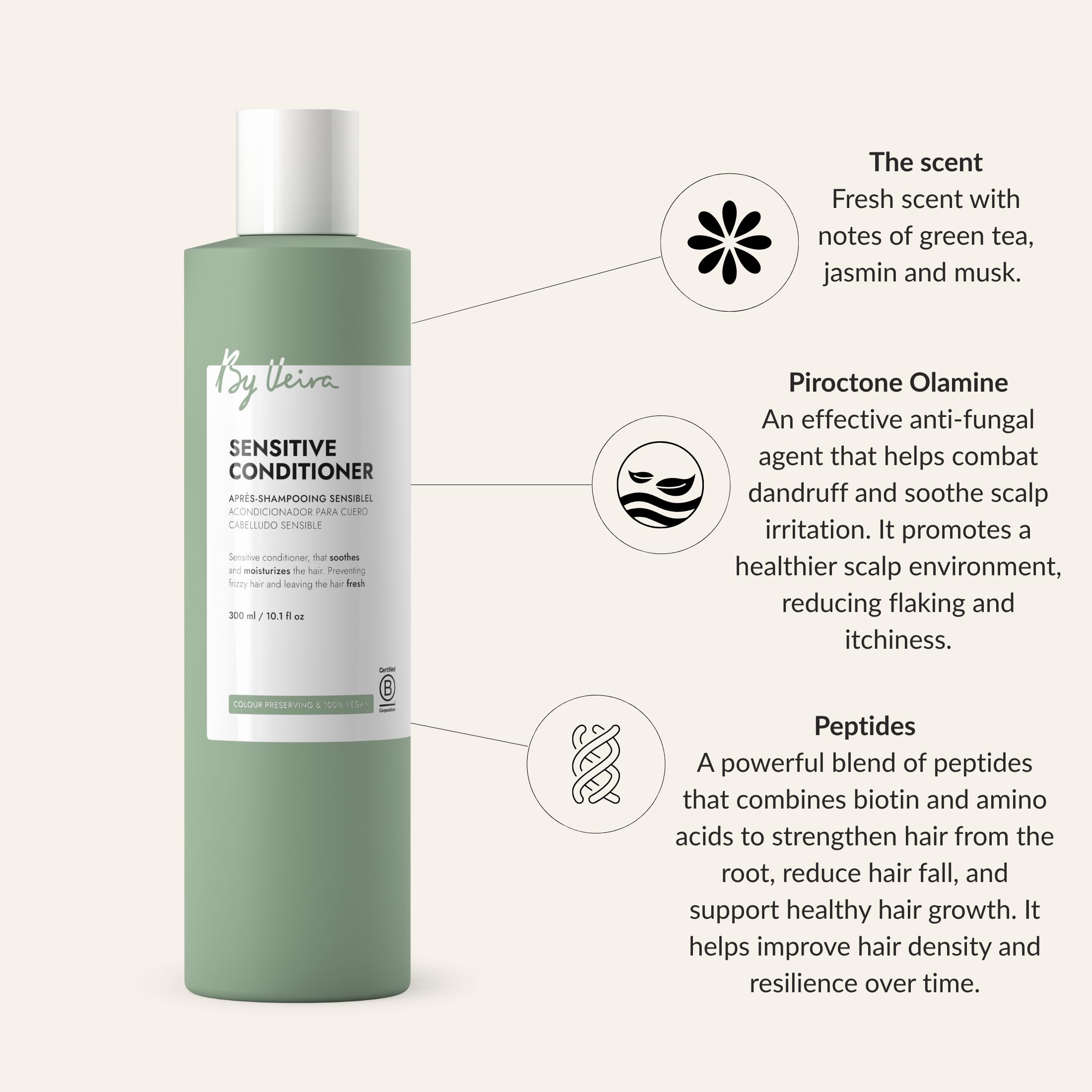 By Veira Sensitive Conditioner color preservation formula keeps color vibrant.