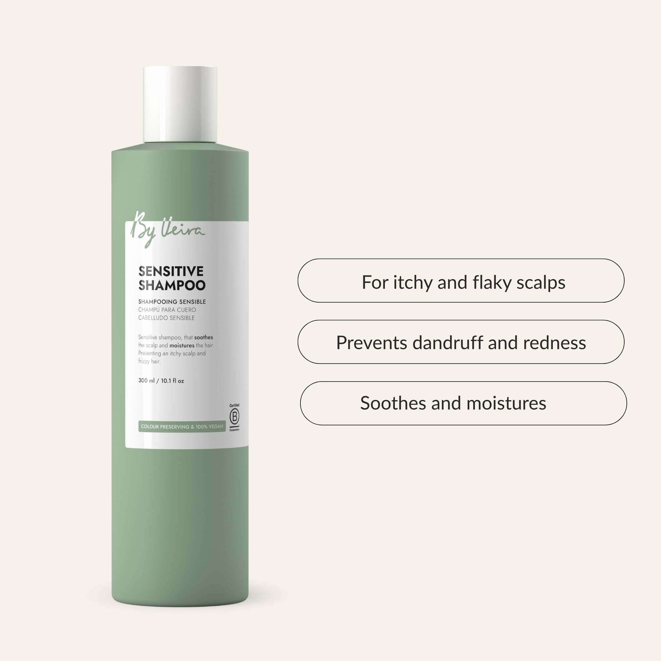 Creamy lather on damp hair hints at moisture and frizz control.