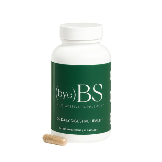 ByeBS Digestive Support bottle with key ingredients