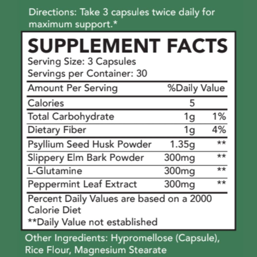Capsules and ingredients of ByeBS digestive supplement