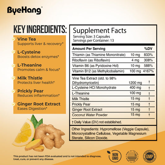 Back label showing ingredients on ByeHang DHM 1200mg bottle