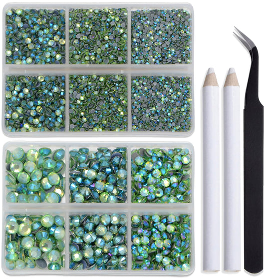 Bymitel hotfix rhinestones Peridot AB closeup highlighting brilliant facets for craft projects