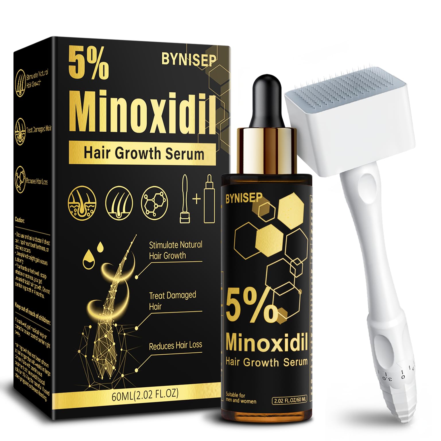 BYNISEP 5% minoxidil serum bottle showing the product for potential hair regrowth and scalp nourishment.