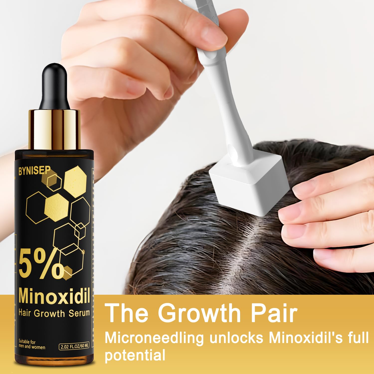 BYNISEP minoxidil serum dropper enabling precise scalp application.
