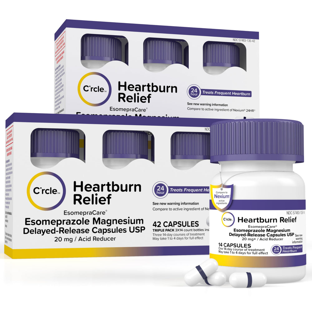 C'rcle Esomeprazole bottle front for all-day heartburn relief.