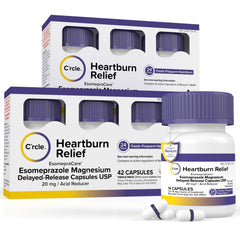 C'rcle Esomeprazole bottle front for all-day heartburn relief.
