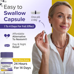 C'rcle Esomeprazole capsules closeup highlighting delayed-release for steady relief.