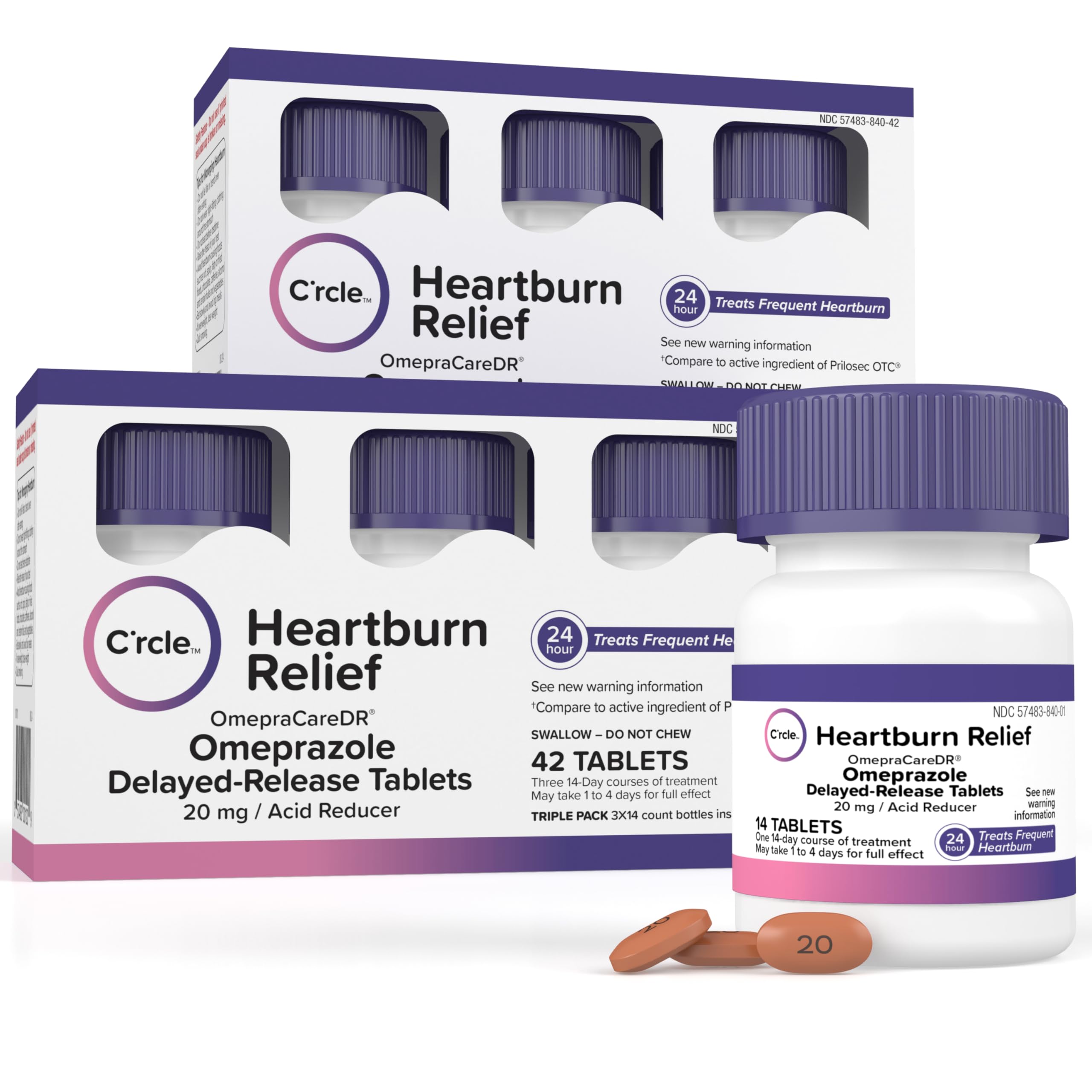 C'rcle Omeprazole 20mg bulk 84-count bottle for convenient daily heartburn relief