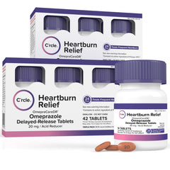 C'rcle Omeprazole 20mg bulk 84-count bottle for convenient daily heartburn relief