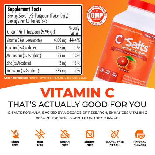 Buffered Vitamin C powder ingredients showing organic, vegan, non-GMO sources