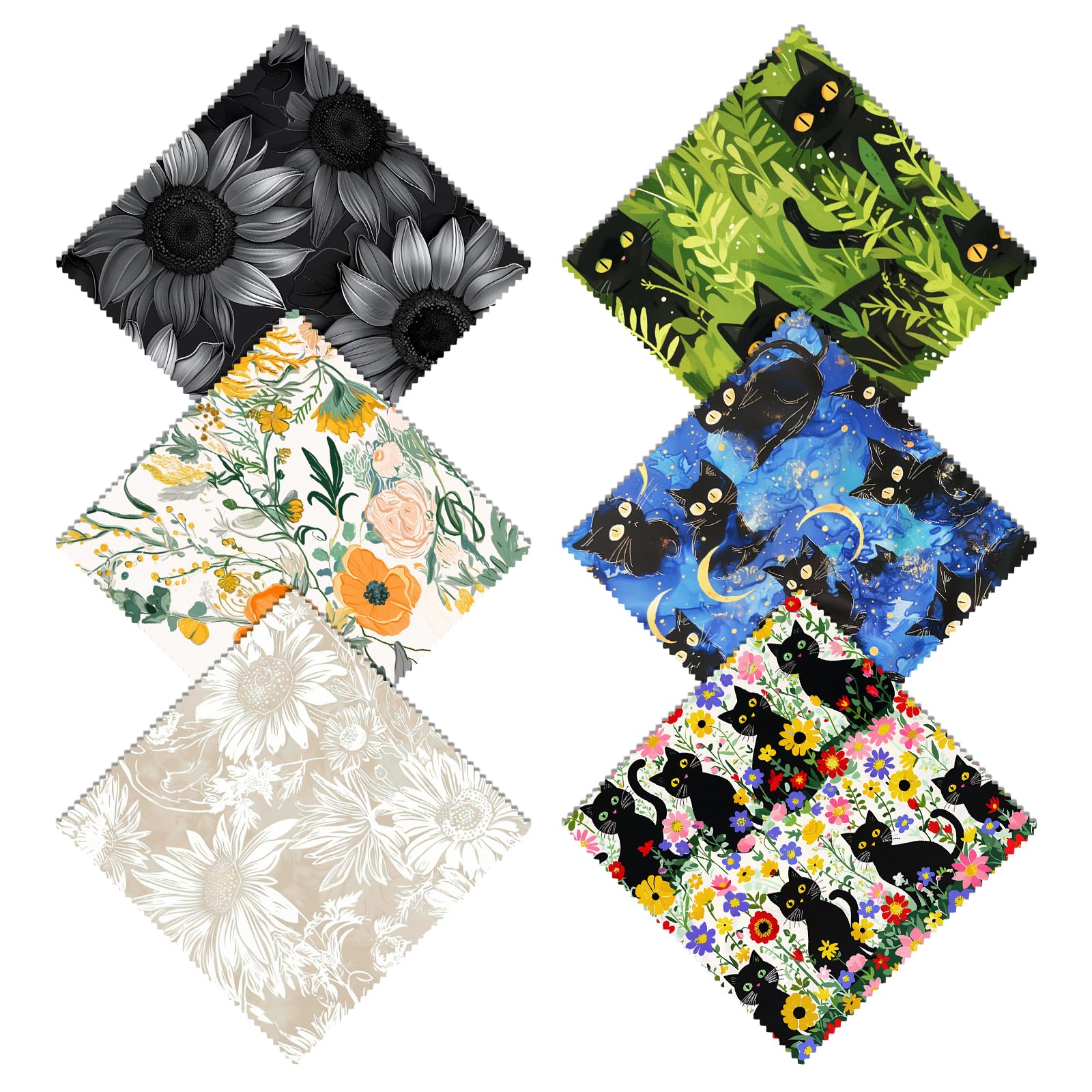Six microfiber glasses cleaning cloths with sunflower and black cat patterns