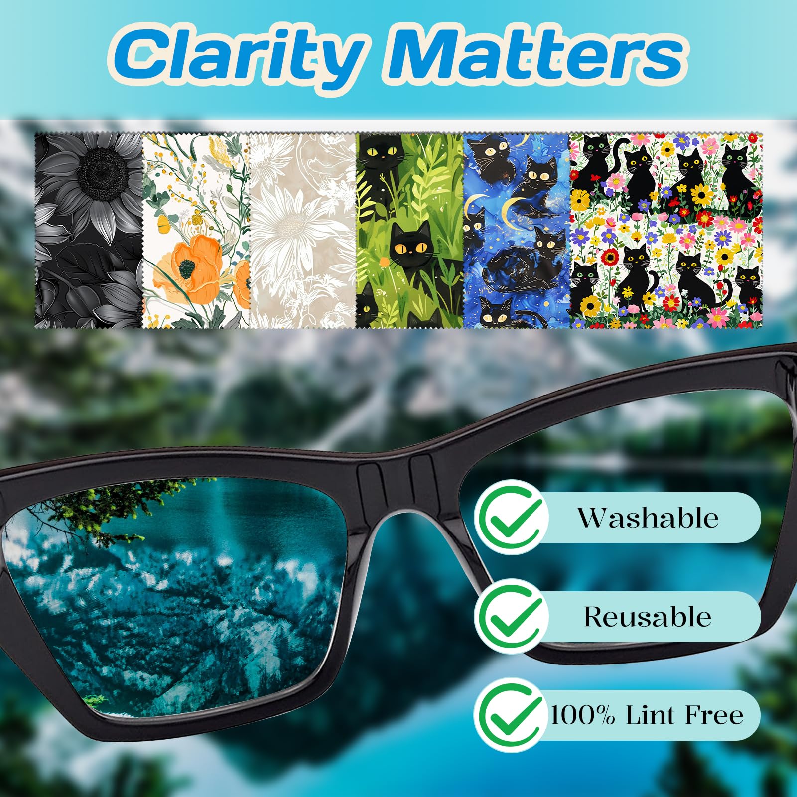 Patterned eyeglass cloths shown with youth and vitality styles