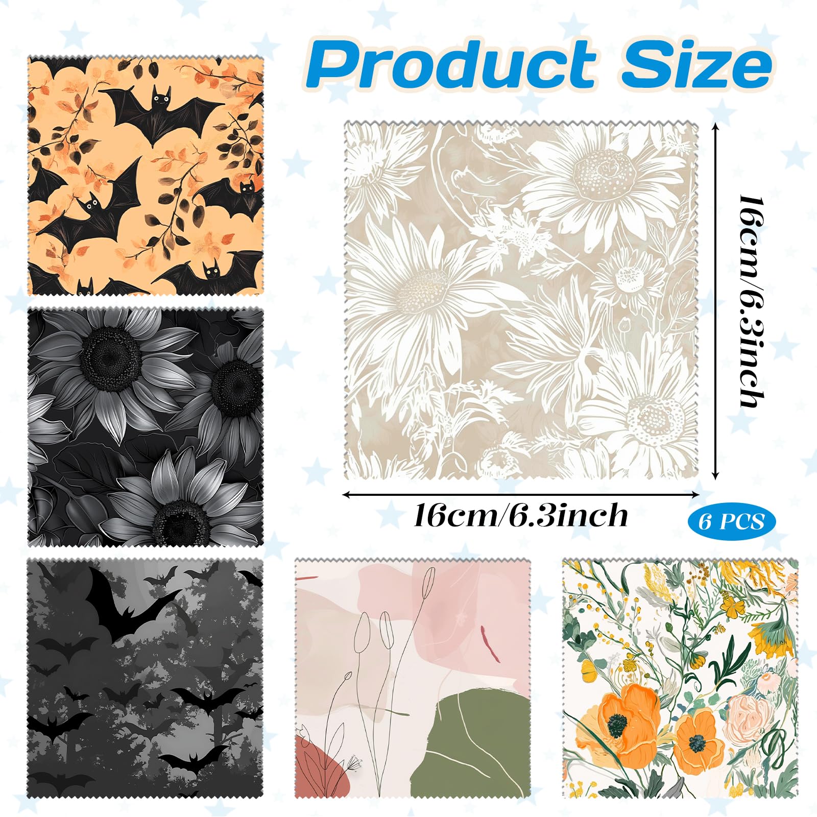 Six different floral patterned glasses cleaning cloths