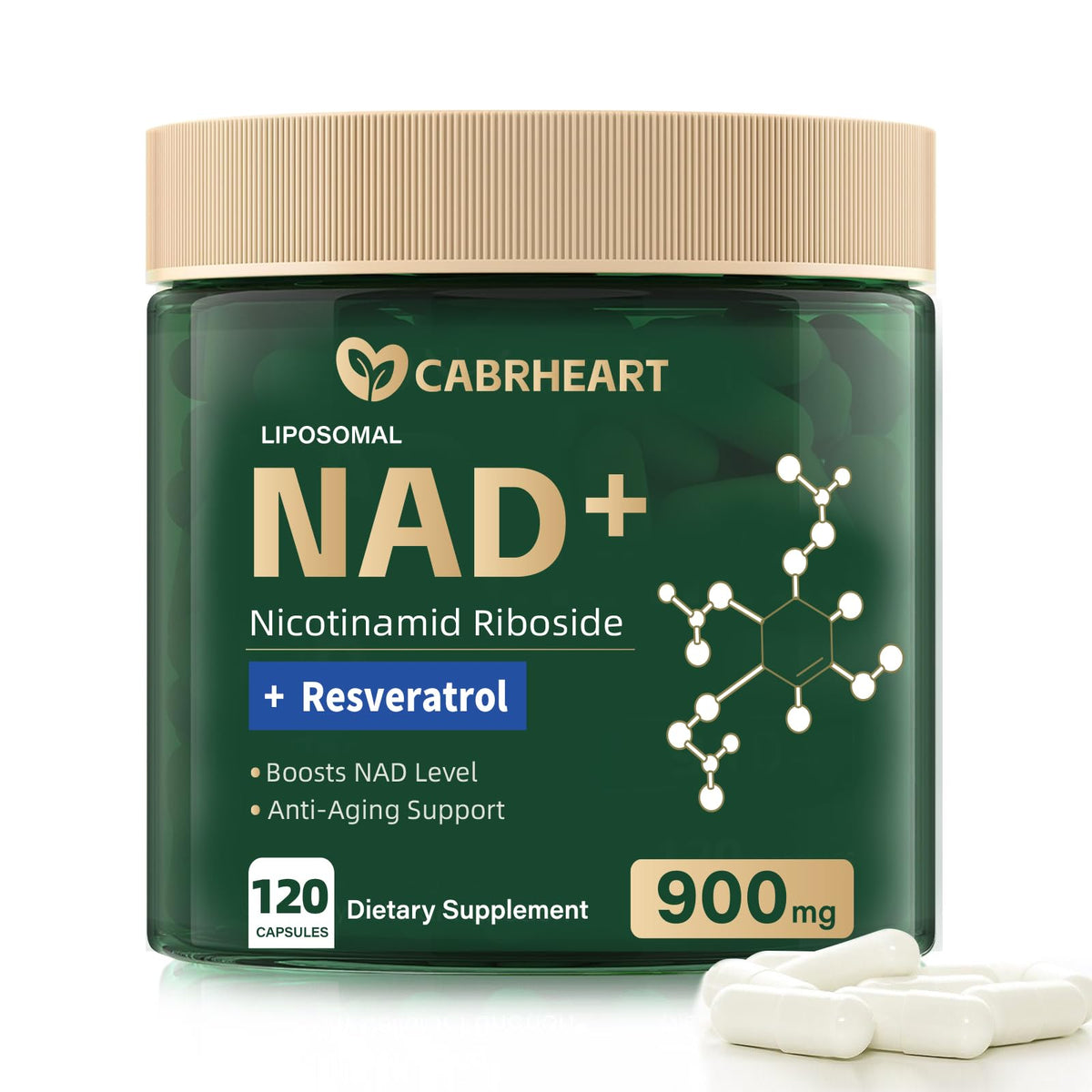 Bottle of CABRHEART NAD+ Liposomal Supplement with Resveratrol