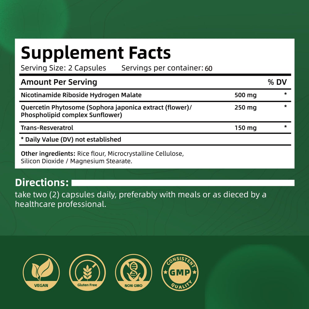CABRHEART NAD+ supplement box and 120 capsules