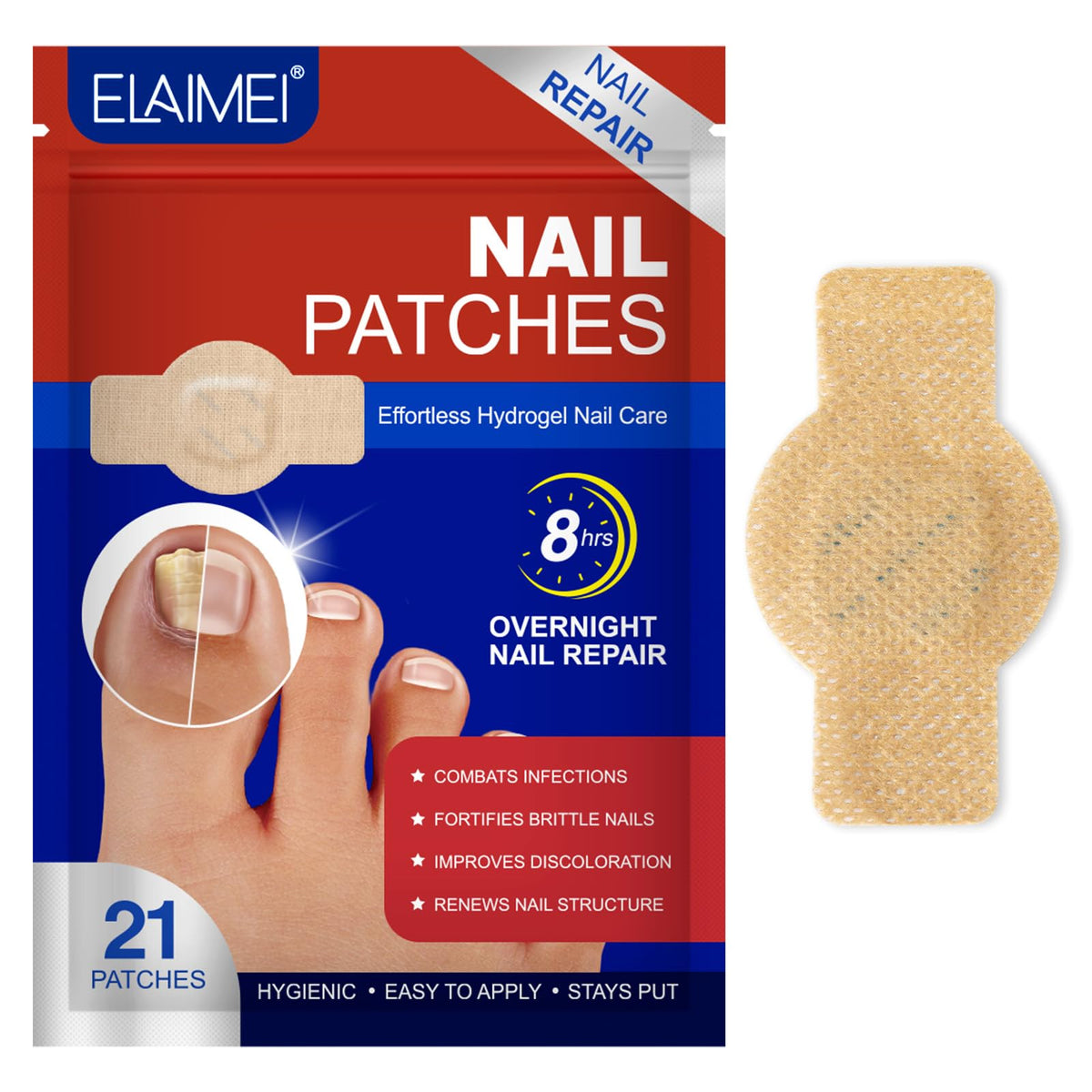 Cacukn toenail patch being applied to a thick, discolored nail for overnight repair.
